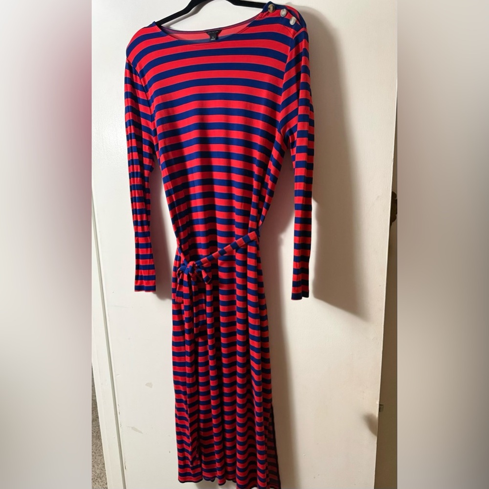 Ann Taylor Red and Navy Striped Long Sleeve Tie-Waist Maxi Dress